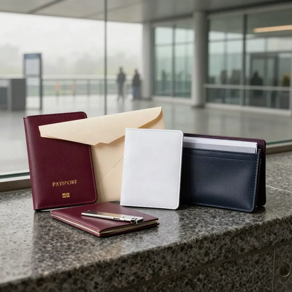 Premium passport guidance kit on a dark stone arrivals counter, rim-lit through post-rain mist.