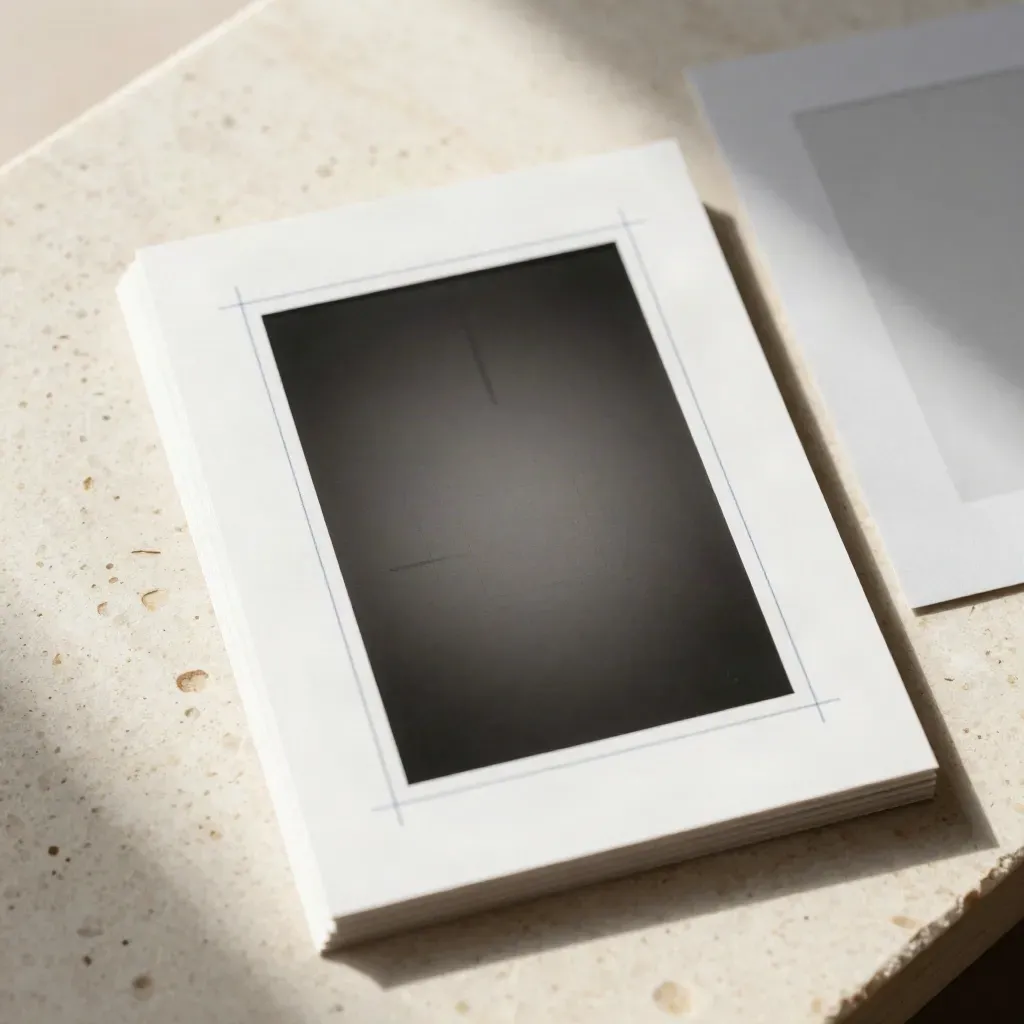 Passport photo prints and crop frame on travertine with a soft EU-blue card
