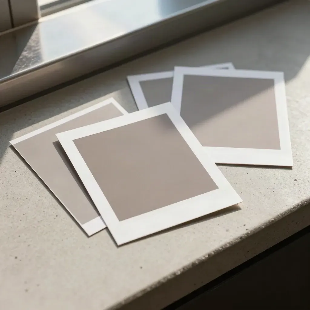 Overhead passport photo prints corrected beside a crop card on a concrete surface.