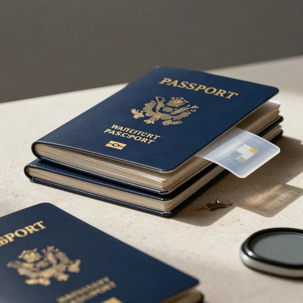 Passport covers, chip sleeve and stamp pad on stone under dramatic side light.