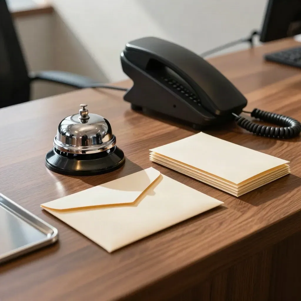 Passport support desk still life with queue bell, phone cradle, sealed envelopes and reply tray.