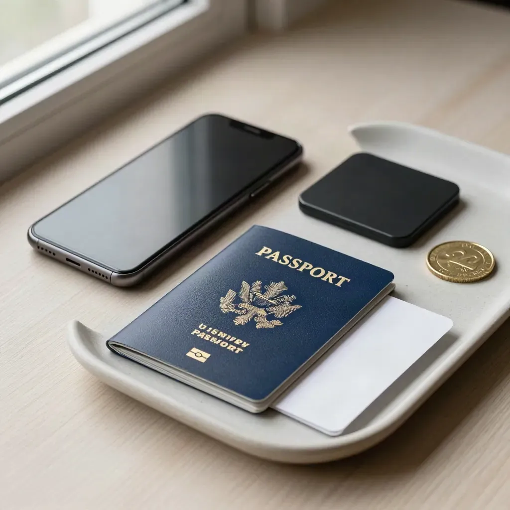 Styled still life of a phone, passport cover, coin and face-down card on pale wood