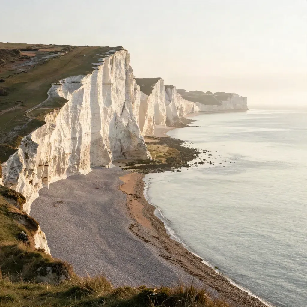 Golden-hour chalk cliffs above a calm misty sea, wide and airy for travel copy